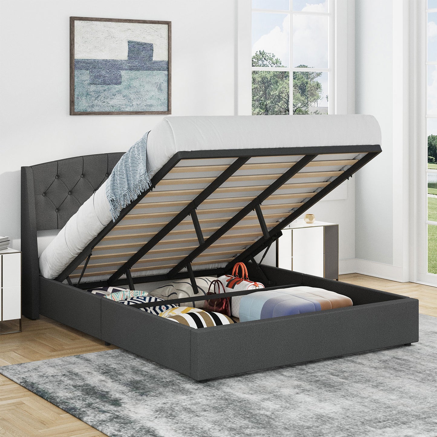 Lift-Up Wingback Storage Bed Frame