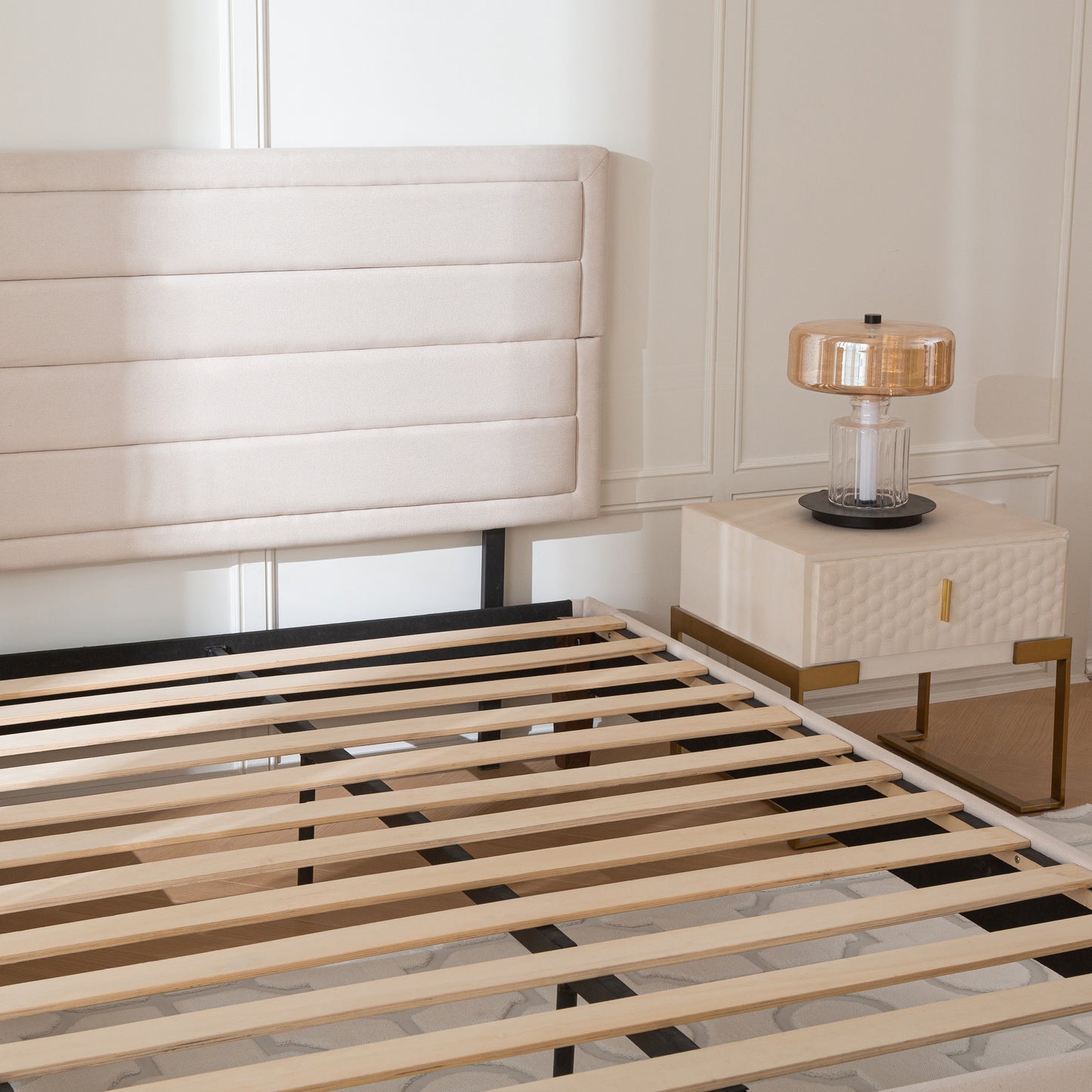 Bed Frame with Fabric Upholstered Headboard Platform White