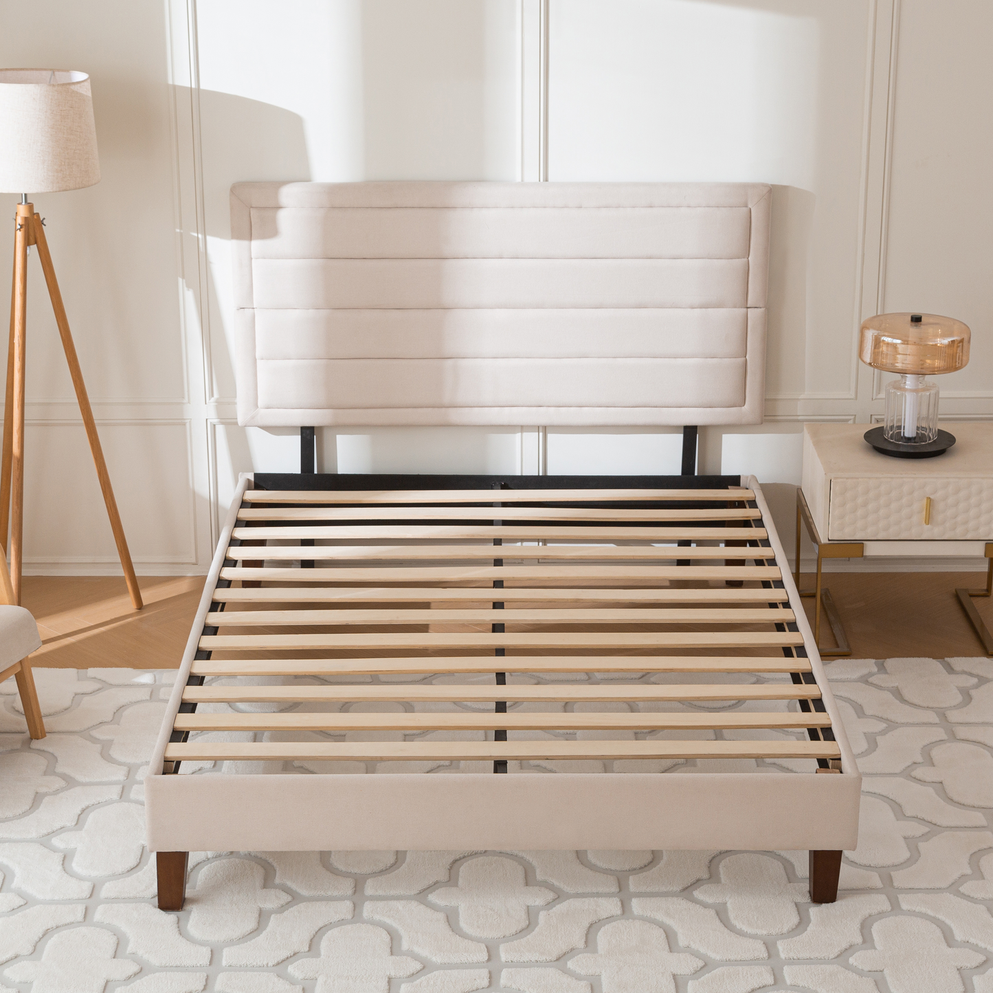 Bed Frame with Fabric Upholstered Headboard Platform White