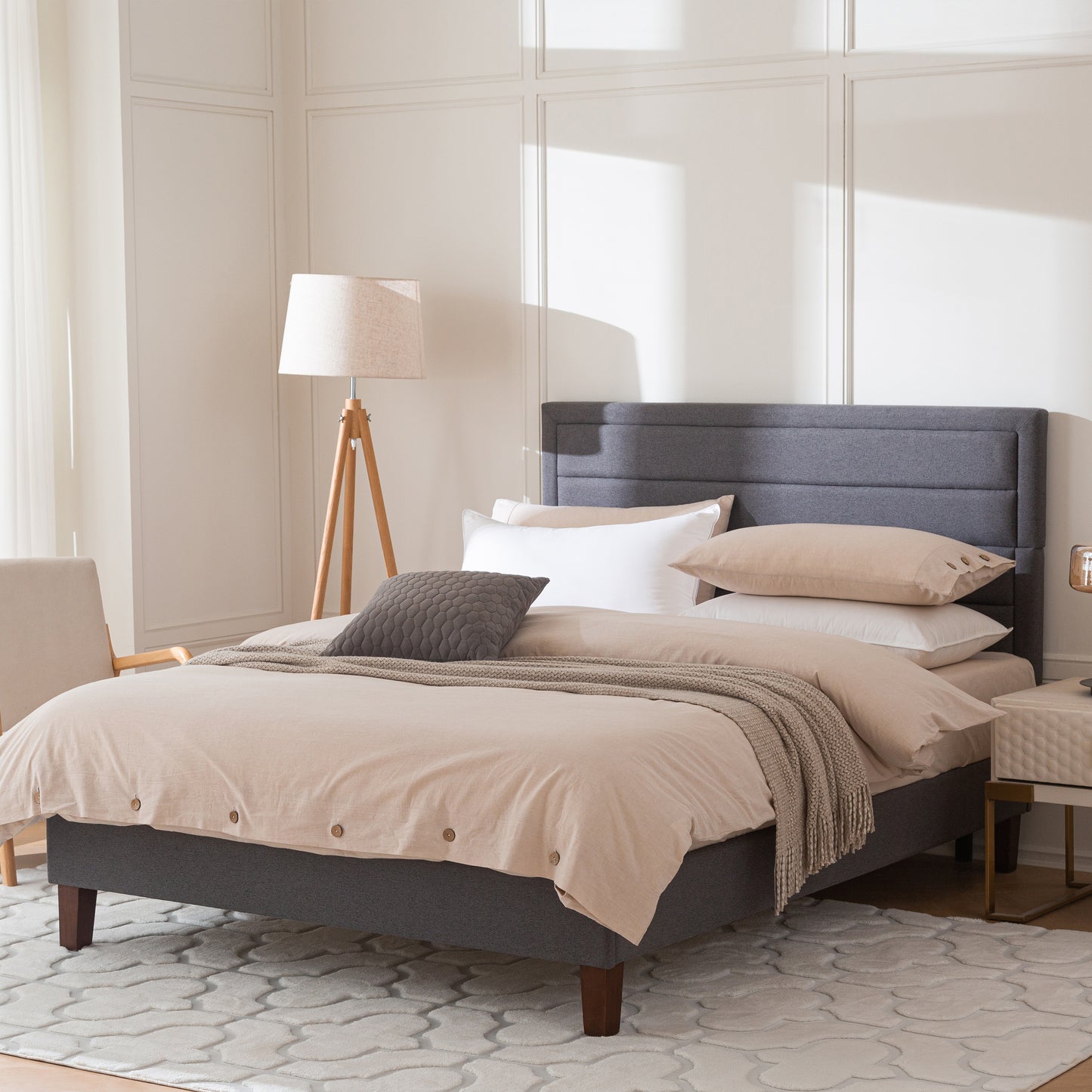 Bed Frame with Fabric Upholstered Headboard Platform Dark Grey