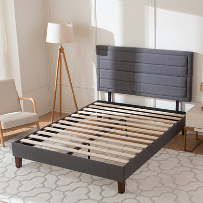 Bed Frame with Fabric Upholstered Headboard Platform Dark Grey
