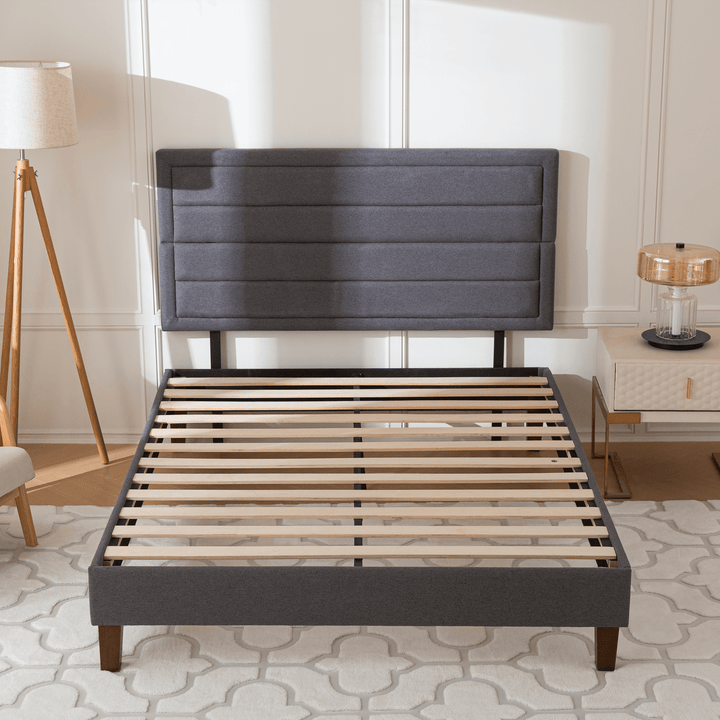 Bed Frame with Fabric Upholstered Headboard Platform Dark Gray - EGOHOME